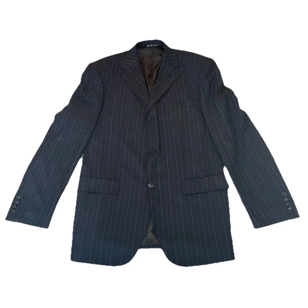 Hugo Boss Super 150 Sz 52 Blazer Sport Coat Mens Navy Blue Pin Stripe Italy